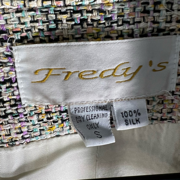 Fredys Womens Tweed Suit Jacket Blazer Gray Marled Open Front 100% Silk S 80s - Picture 7 of 7